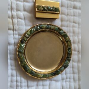 Jolle Gold Tone and Green Stone Decorative Ashtray And Match Holder Set